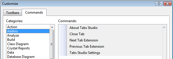 VS customization for Tabs Studio's commands in toolbar and menu