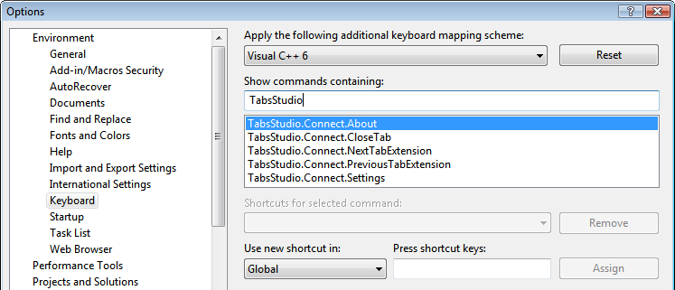 VS keyboard shortcuts options for Tabs Studio's commands