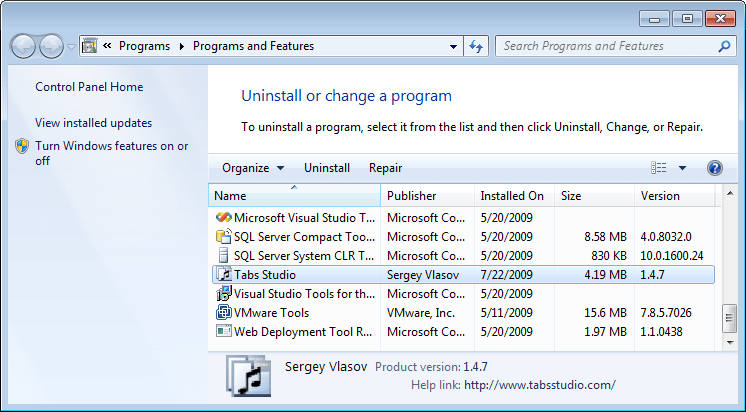 Control Panel Programs and Features with Tabs Studio Installed