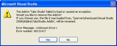 Tabs Studio add-in failed to load with error 80131417
