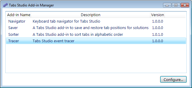 Tabs Studio Add-in Manager dialog