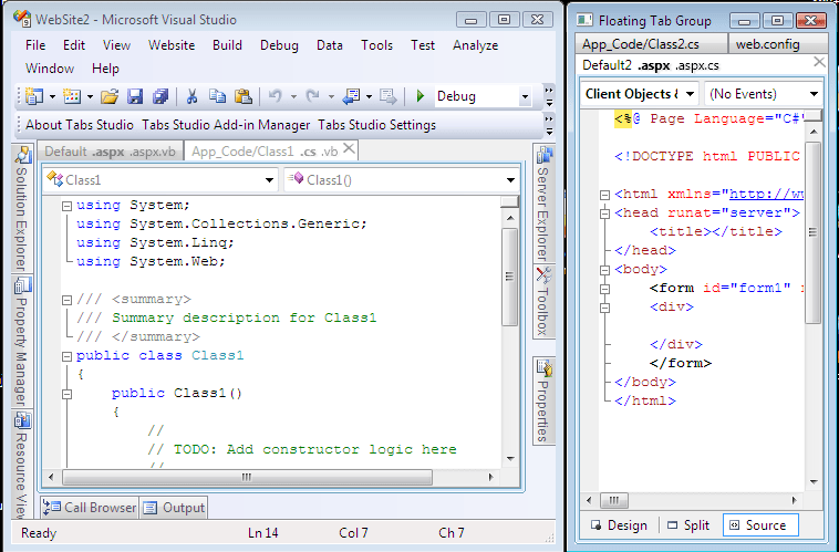 Floating tab group window and main Visual Studio window Floating tab group window and main Visual Studio window