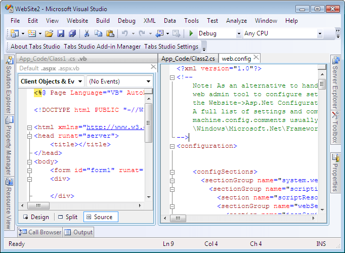 Two standard vertical tab groups in Visual Studio 2008