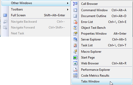 The show tabs window command added to VS View menu