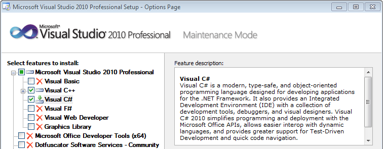 The Visual C# installation option The Visual C# installation option