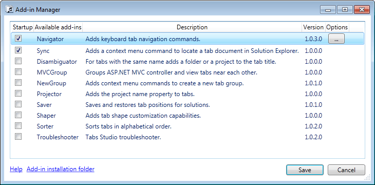 Preinstalled Tabs Studio add-ins in the new Add-in Manager window