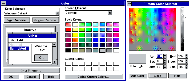 Color selector dialogs in Windows 3.1