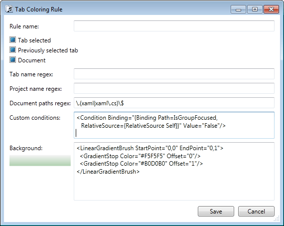 The Tab Coloring Rule dialog with new options