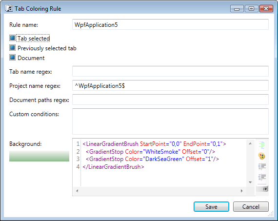 Tab coloring rule for the WpfApplication5 project including the tab selected state