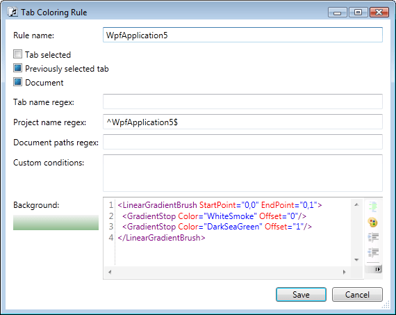 Tab coloring rule for the WpfApplication5 project