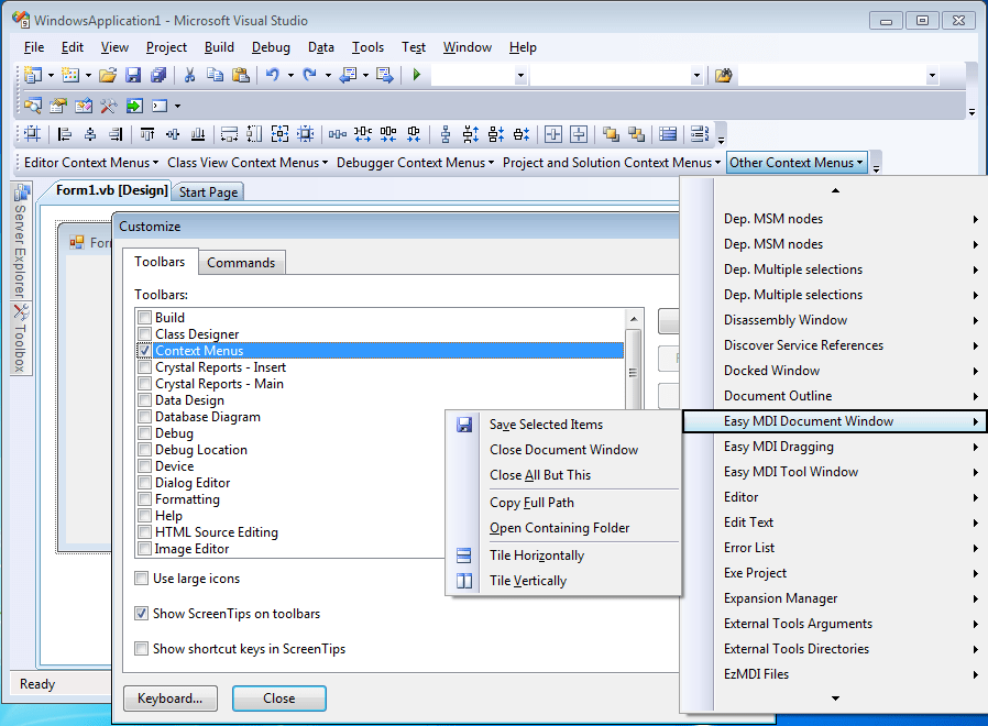 Tab context menu customization in Visual Studio 2008