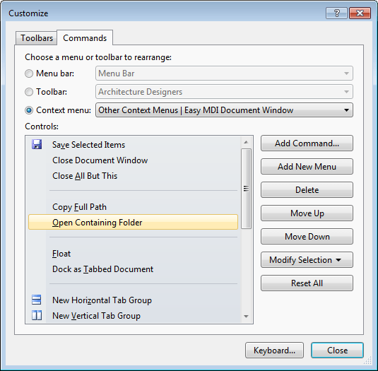 Tab context menu customization in Visual Studio 2010