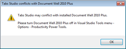 Tabs Studio conflicts with Document Well 2010 Plus warning Tabs Studio conflicts with Document Well 2010 Plus warning