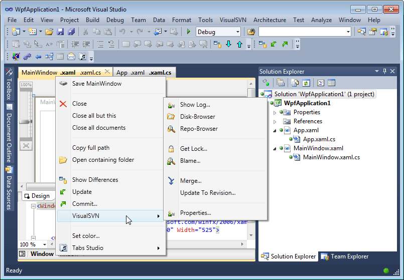 VisualSVN commands in Tabs Studio tab context menu