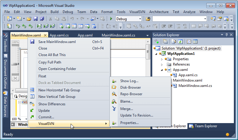 VisualSVN commands in Visual Studio 2010 tab context menu