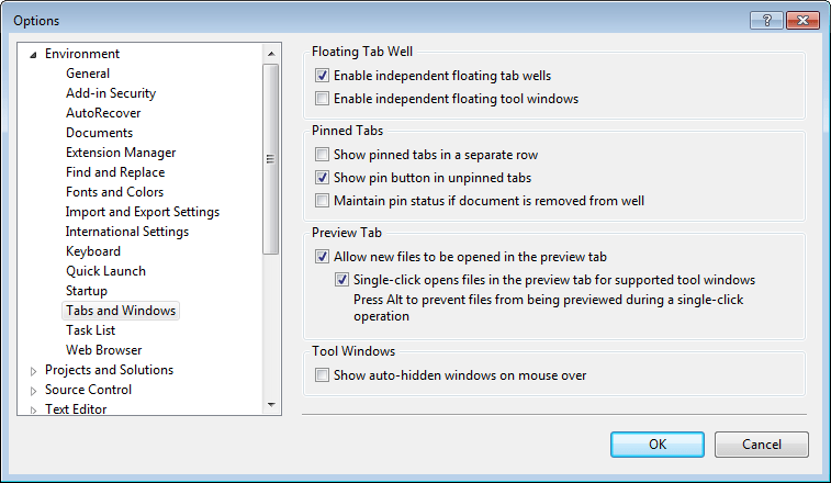 Tabs and windows options