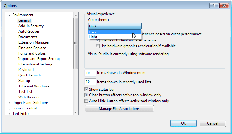 Visual Studio 11 Beta color theme options