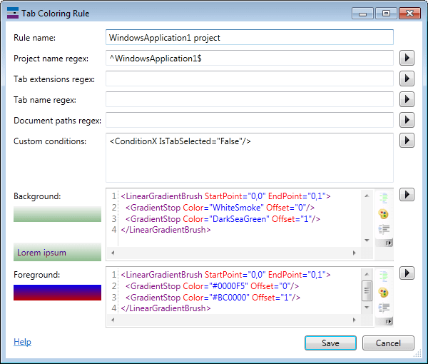 Tab background and foreground rule setup