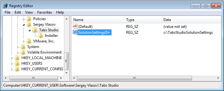 SolutionSettingsDir registry setting