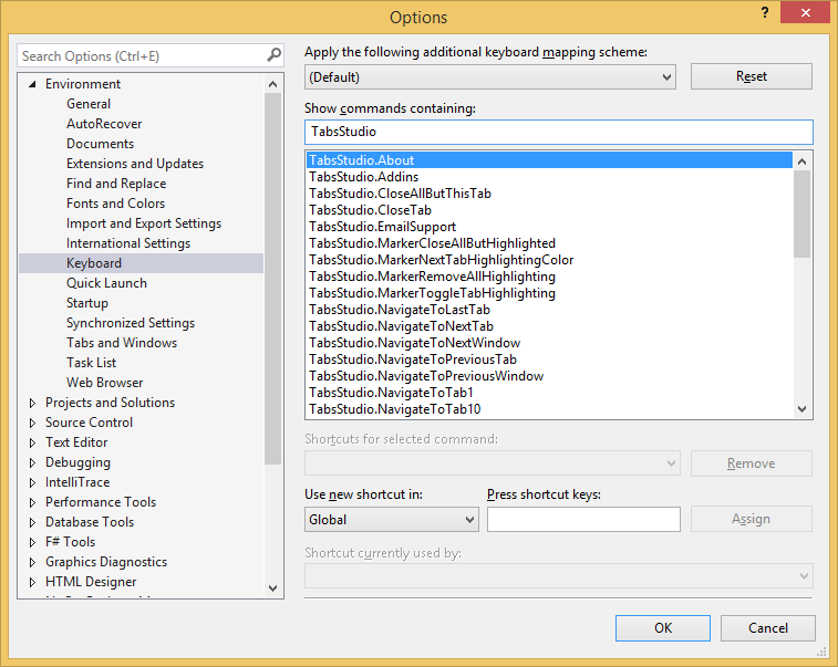 Tabs Studio commands in Visual Studio 2015
